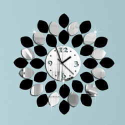 36pcs Big Leaf Black and Silver Art Mordern Luxury Acrylic Flower Shape Wall Clock