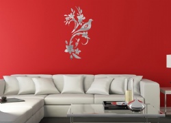 Silver Bird and flower Leaf Flower Vine Crystal Reflective DIY Mirror Effect 3D Wall Stickers